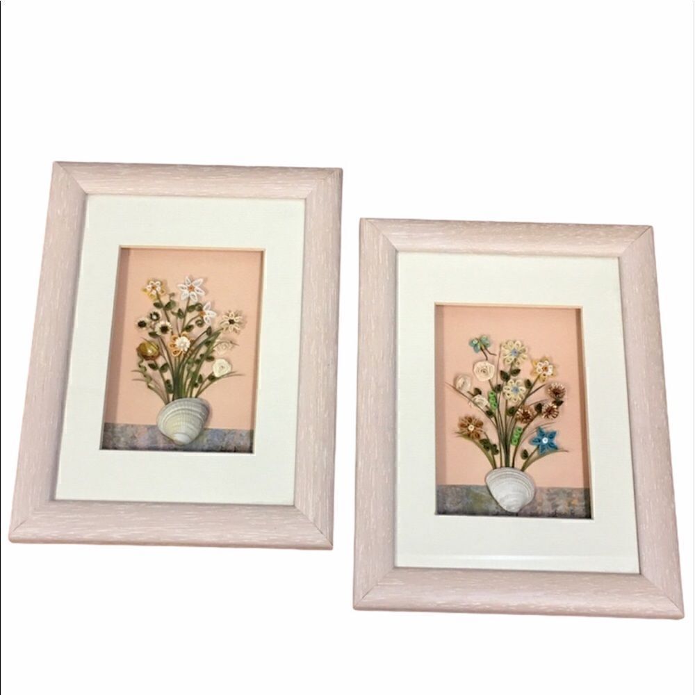 Quill Art Set Artist Signed Floral Shell Motif in Shadow Box - Picture 4 of 16